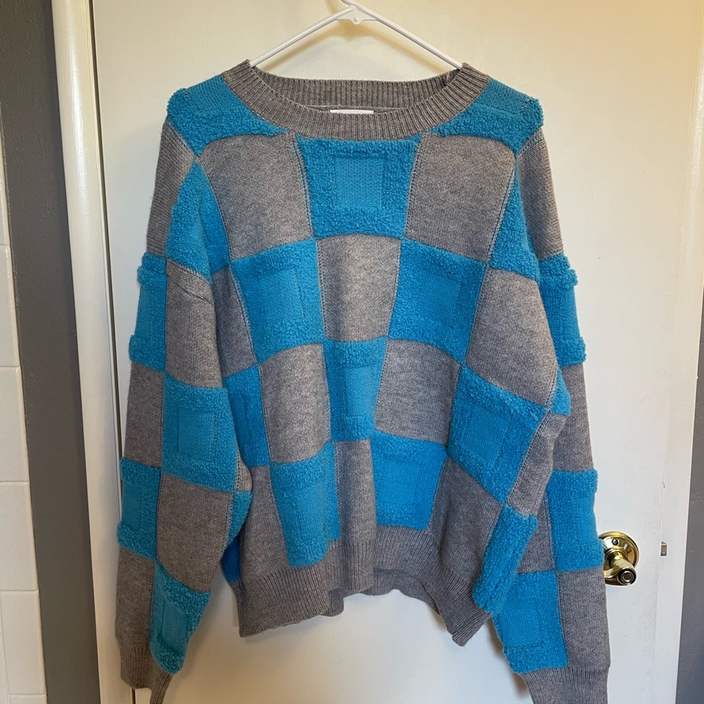 Stylish Blue and Gray Checkered Sweater